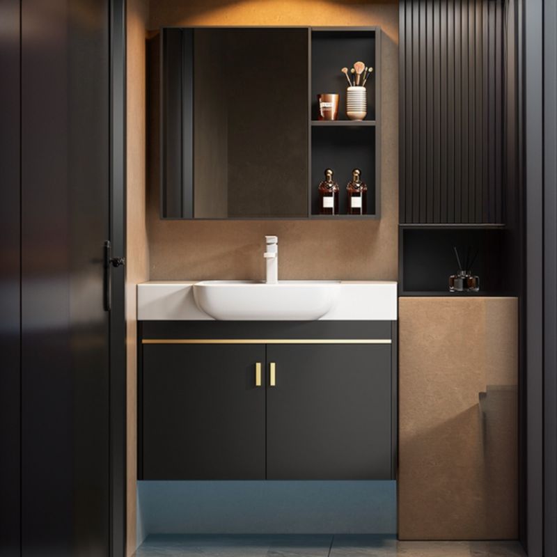 Bathroom Vanity with 2 Doors, Drain Assembly, Chalk Faucet, Ceramic Sink, 1 Mirror, 1 Medicine Cabinet, and Cabinet Hardware