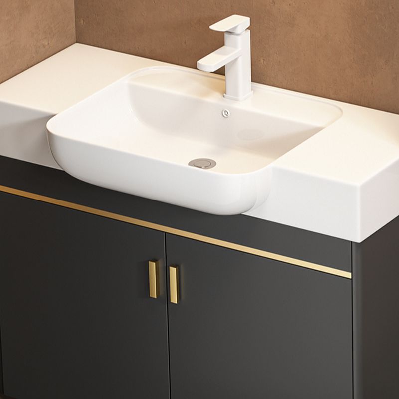 Bathroom Vanity with 2 Doors, Drain Assembly, Chalk Faucet, Ceramic Sink, 1 Mirror, 1 Medicine Cabinet, and Cabinet Hardware