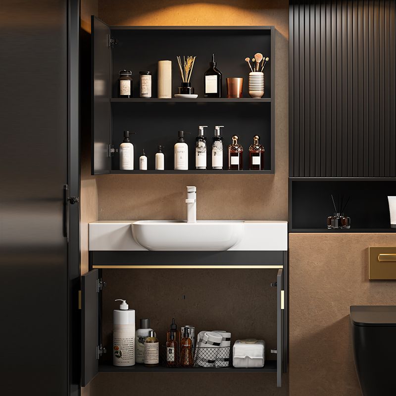 Bathroom Vanity with 2 Doors, Drain Assembly, Chalk Faucet, Ceramic Sink, 1 Mirror, 1 Medicine Cabinet, and Cabinet Hardware