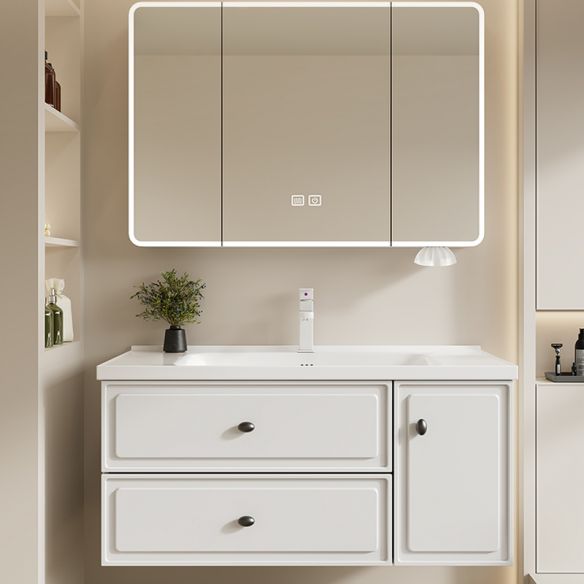 Chalk Ceramic Bathroom Vanity with 4 Doors/2 Doors/1 Door, Drain Assembly and Cabinet Hardware, 1 Medicine Cabinet & 2 Drawers Included/Not Included